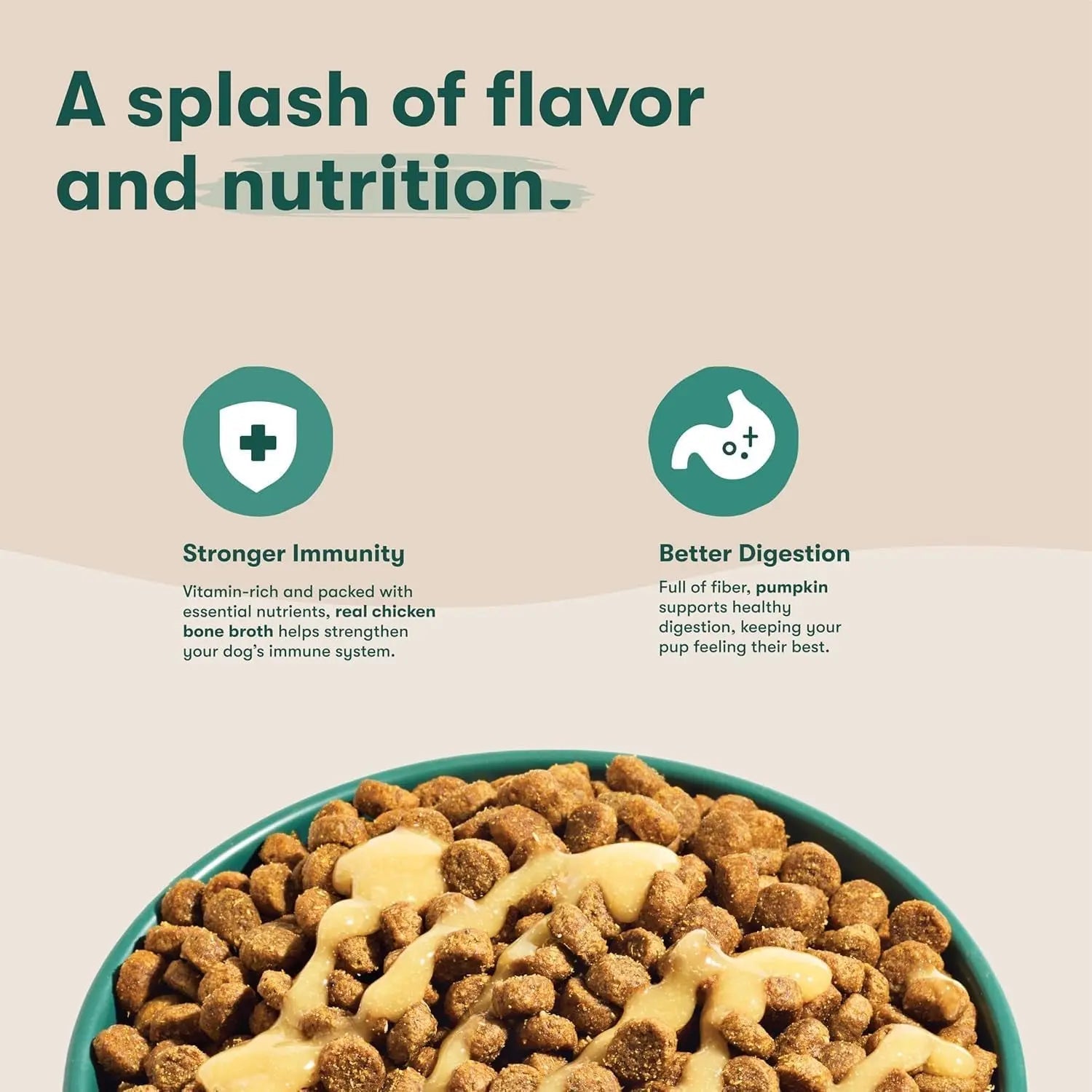 Dog kibble sauce serving with plus icons for stronger immunity and better digestion