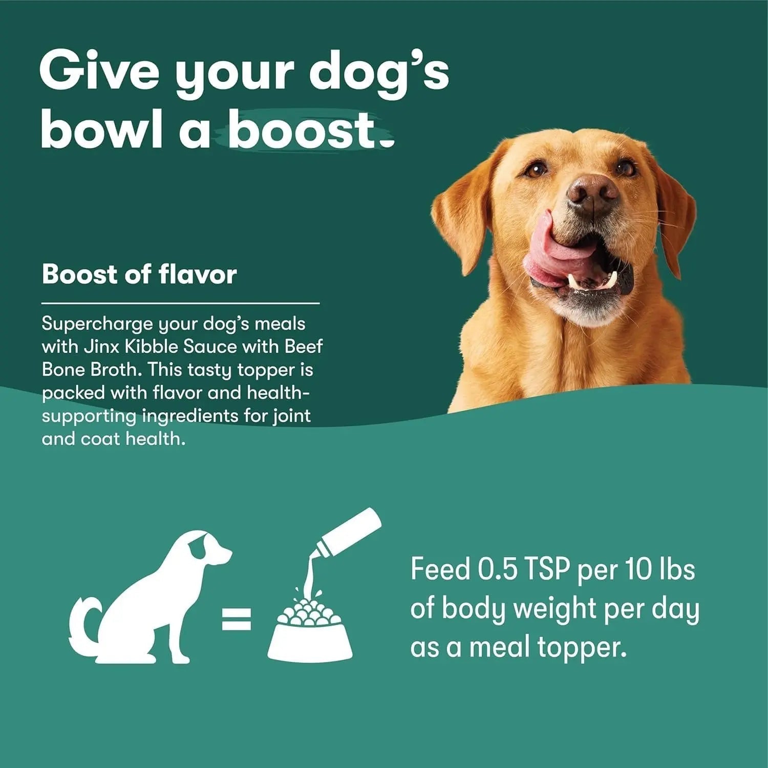 Dog with text “Give your dog’s bowl a boost” and Jinx topper feeding instructions