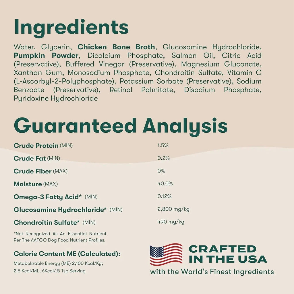 Kibble sauce ingredients and guaranteed analysis chart with Crafted in the USA badge