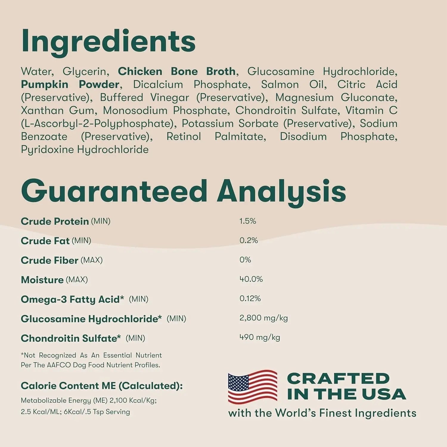 Kibble sauce ingredients and guaranteed analysis chart with Crafted in the USA badge