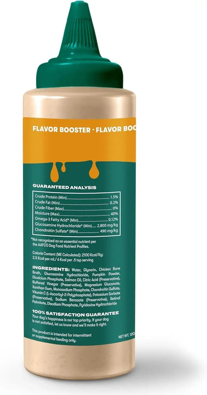 Jinx Kibble Sauce dog topper bottle back label with guaranteed analysis and ingredients
