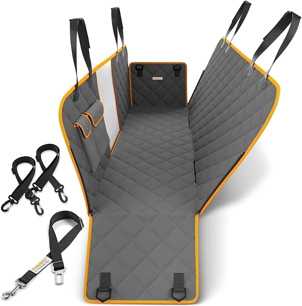 Dark gray dog car seat cover hammock with orange edging, three anchor straps