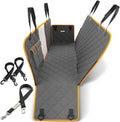Dark gray dog car seat cover hammock with orange edging, three anchor straps