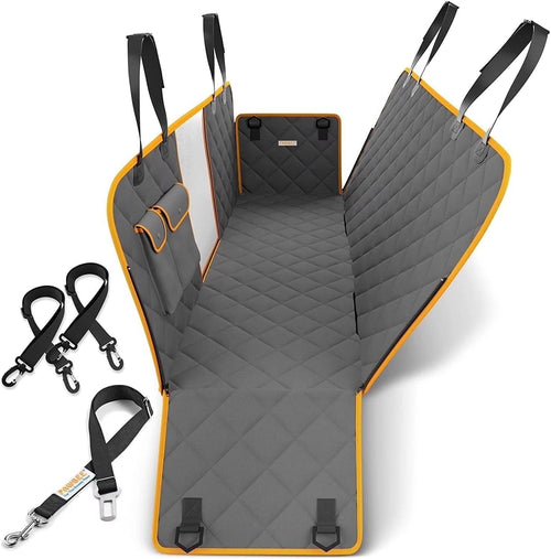 Car seat hammock cover with straps and quilted dark gray fabric, orange-edged border