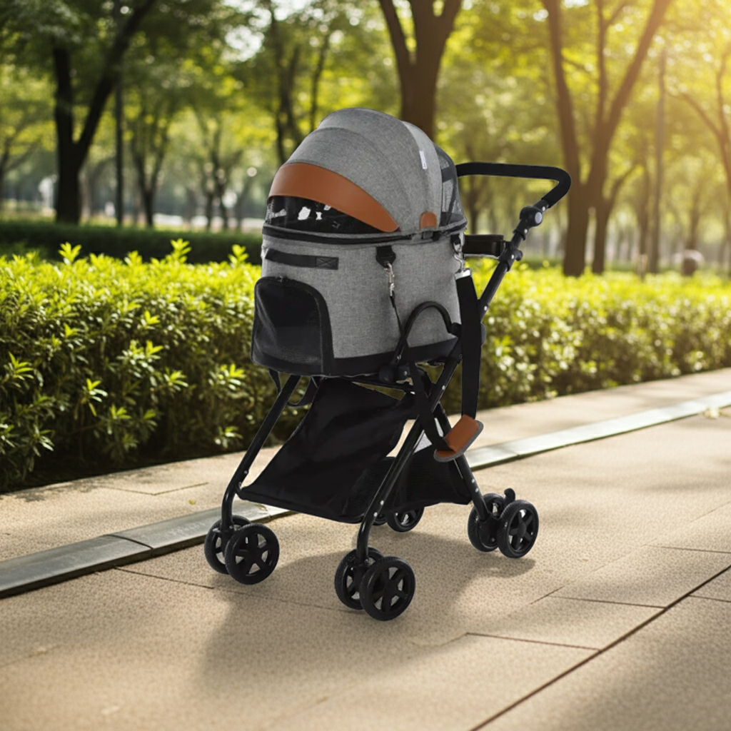 Grey 2-in-1 pet stroller with canopy, front handle, and four-wheel frame