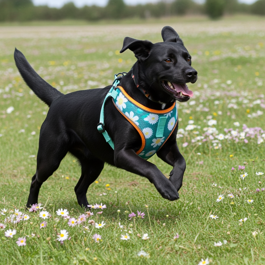 Reflective dog vest with daisy pattern and orange trim, rope leash handle