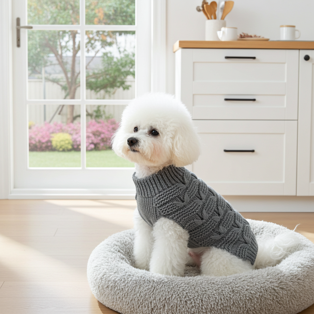 Dark grey dog turtleneck cable-knit sweater with textured butterfly stitch pattern