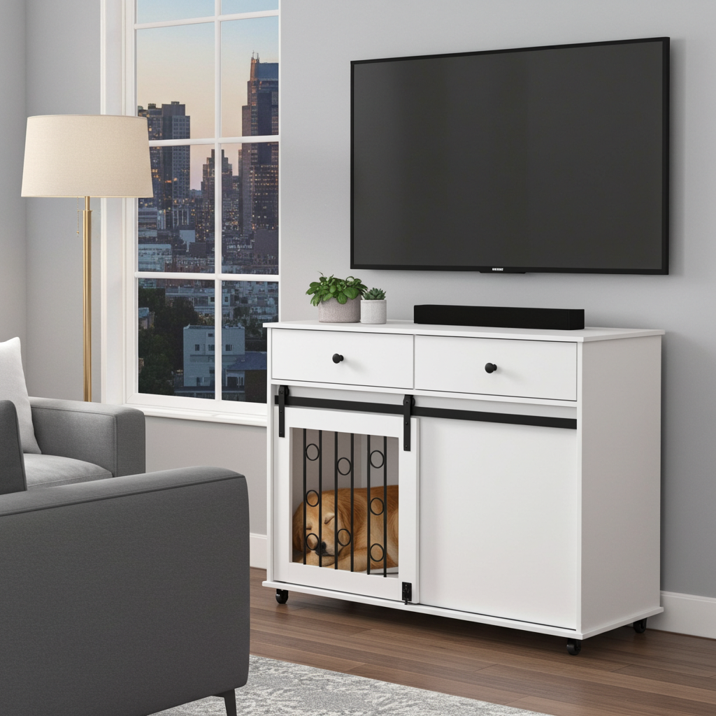 White dog crate furniture cabinet with double drawers and sliding barn door; open front