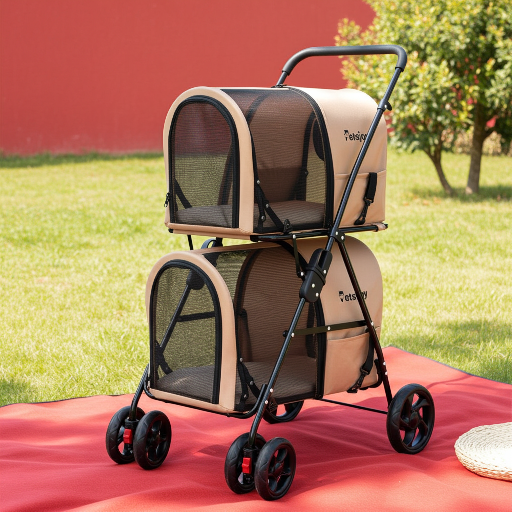 Double pet stroller with two mesh compartments, beige frame, black wheels