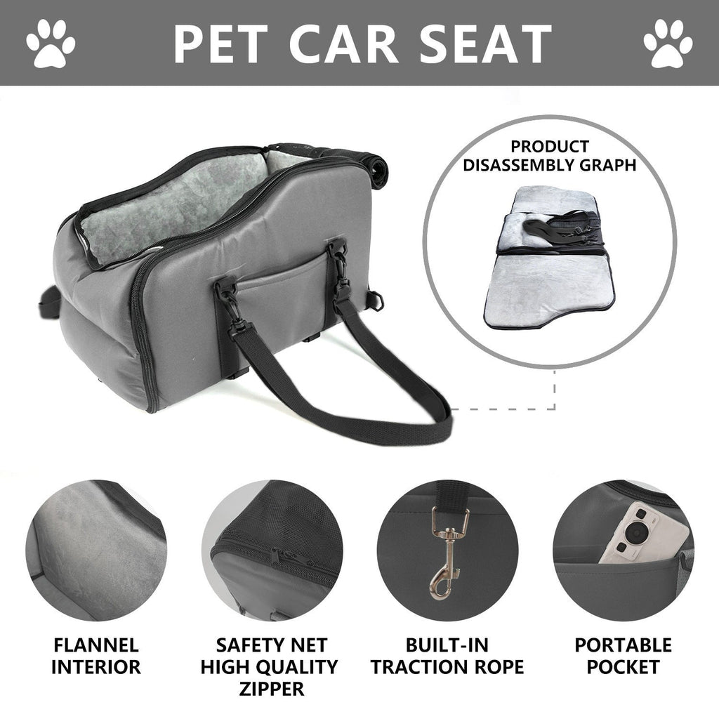 Portable pet car seat bed in gray with zip closure, traction rope and side pocket