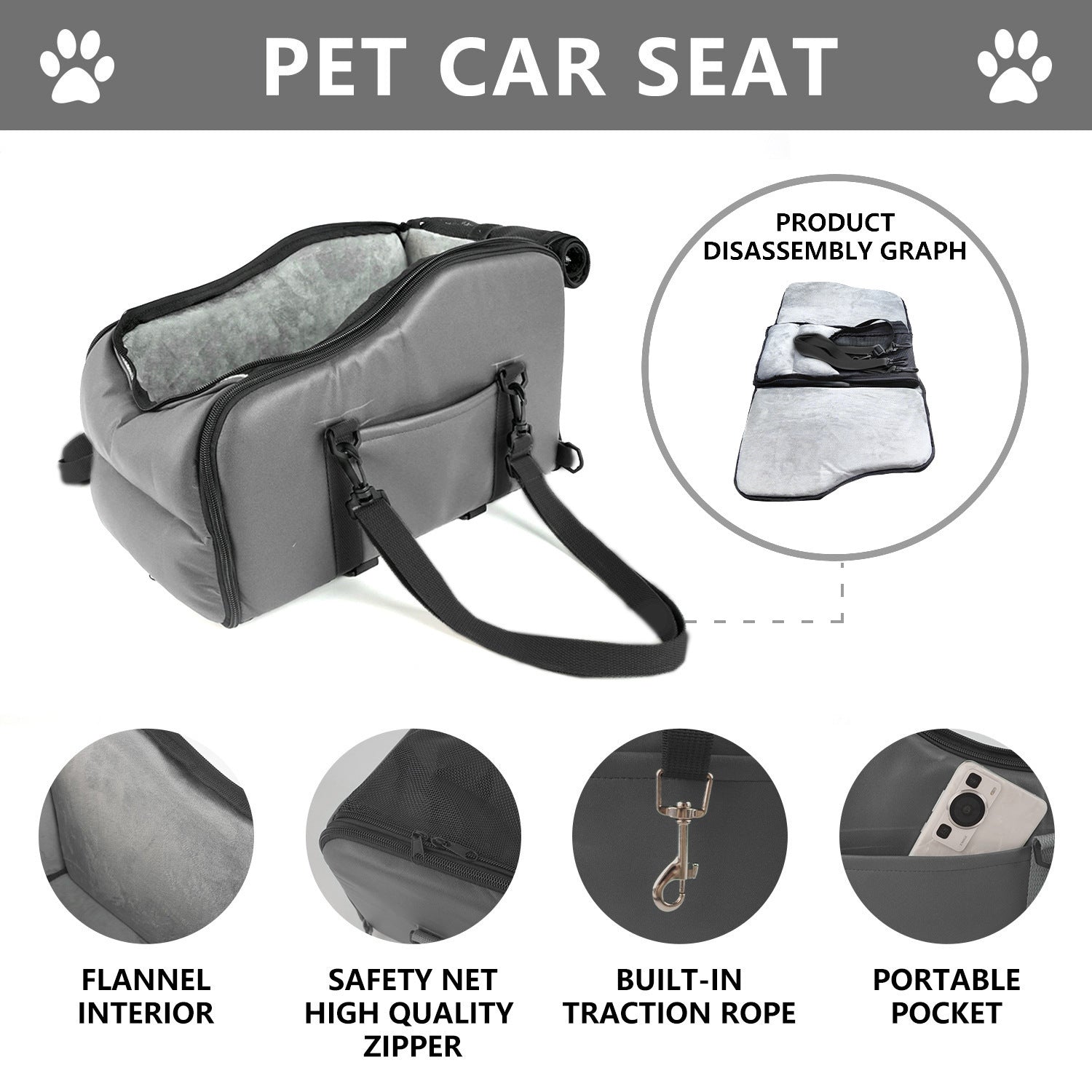 Portable pet car seat bed in gray with zip closure, traction rope and side pocket