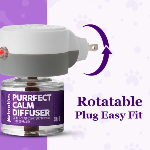 Rotatable plug-in diffuser with amber refill vial, white housing and purple label