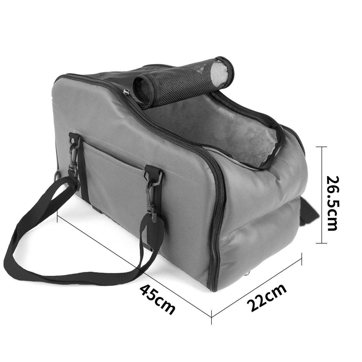 Gray pet travel seat cushion, 45×22×26.5 cm dimensions with carry strap