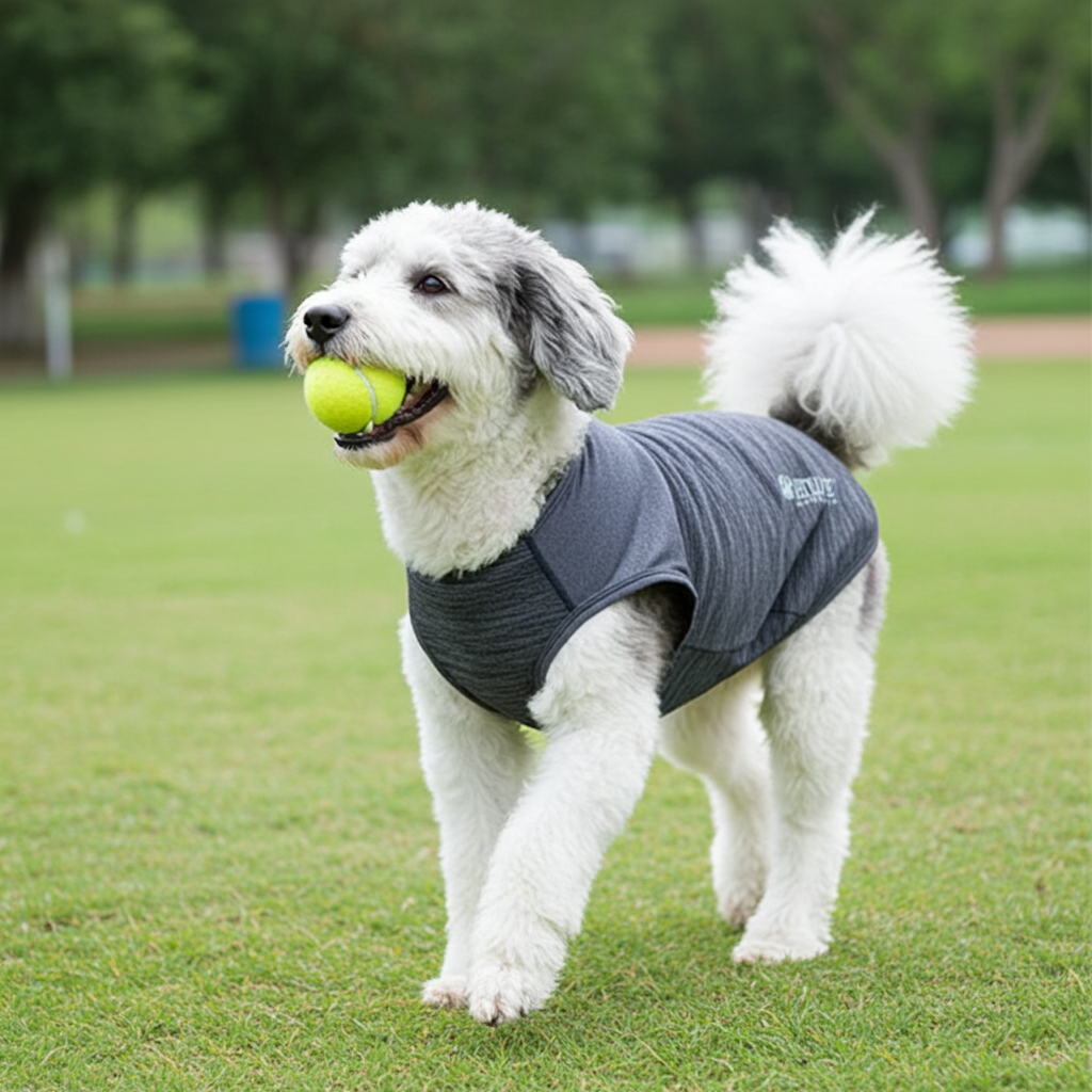 Gray dog tank top with snug fit and sporty armholes, worn on a small dog