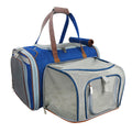 Deja blue pet carrier bag with zippered mesh ends, top handle and shoulder strap