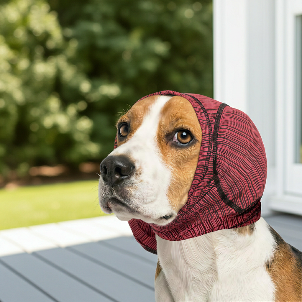 Soft dog ear cover, maroon/red striped hood around ears