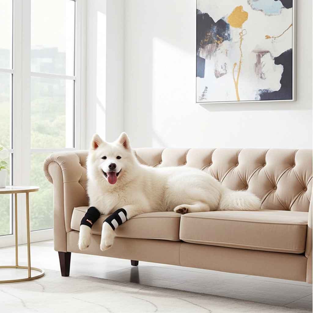 Dog front leg braces with black support straps on the front legs