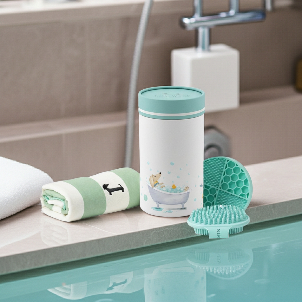 Dog grooming kit: white container, teal lid, green brush, rolled towel
