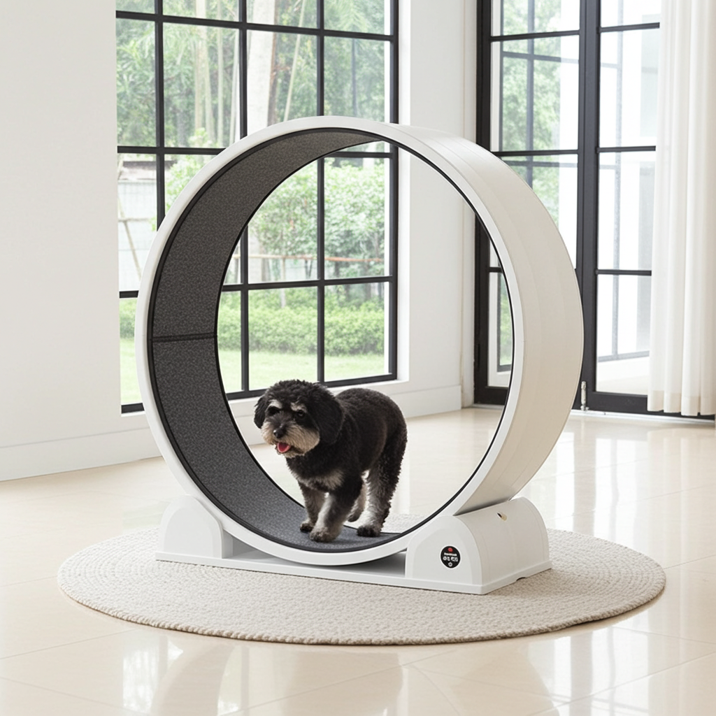 White circular pet treadmill with dark tread belt and standing dog on platform