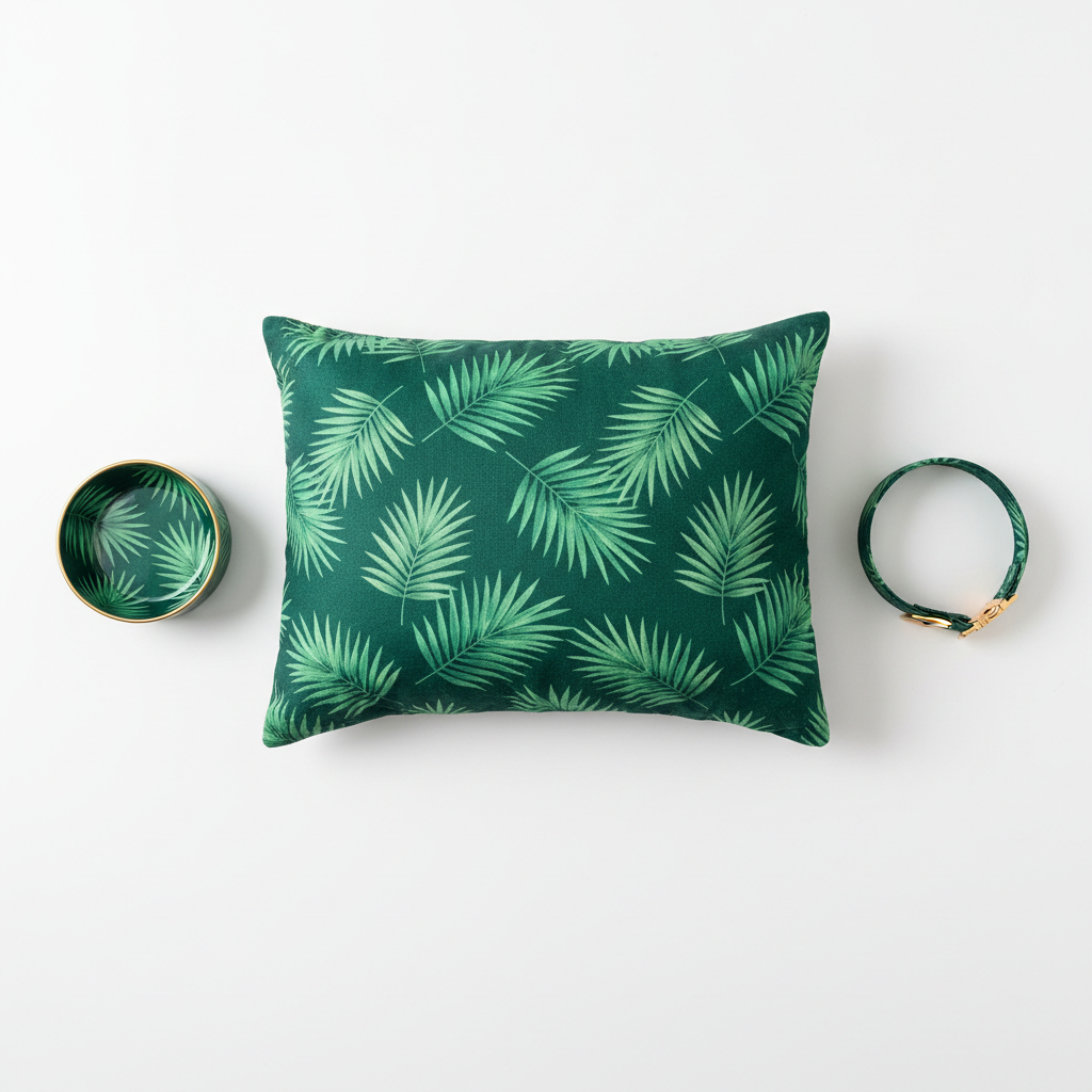 Emerald Canopy Tropical Leaves Pet Set — Bed, Bowl & Collar