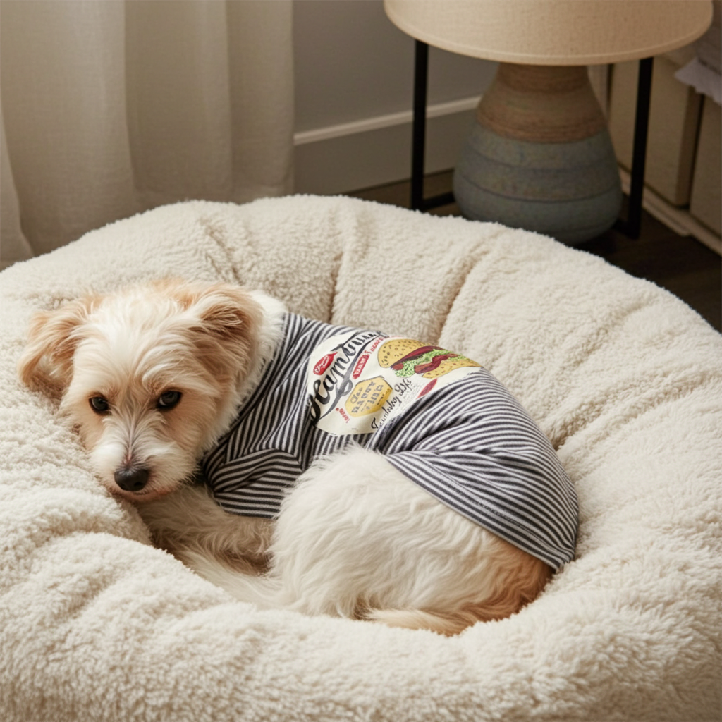Navy striped dog pajama onesie with hamburger graphic, worn on small dog