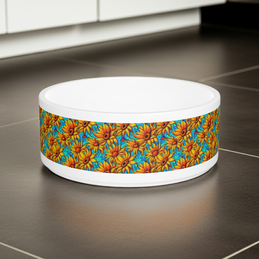 Sunflower Kaleidoscope on Turquoise Waves - Pet Bowl