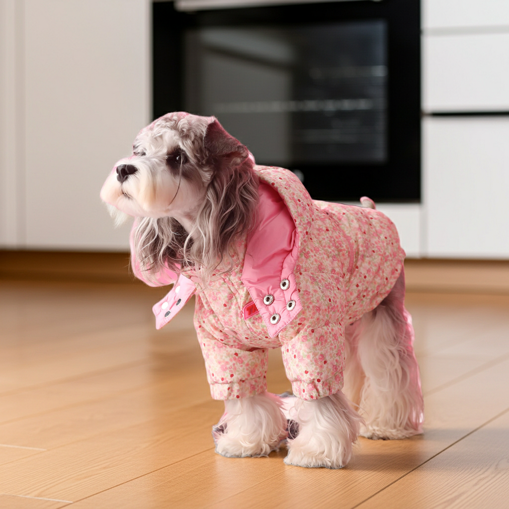 Dog floral hooded puffer jacket with pink fabric and front zipper, full-body coverage
