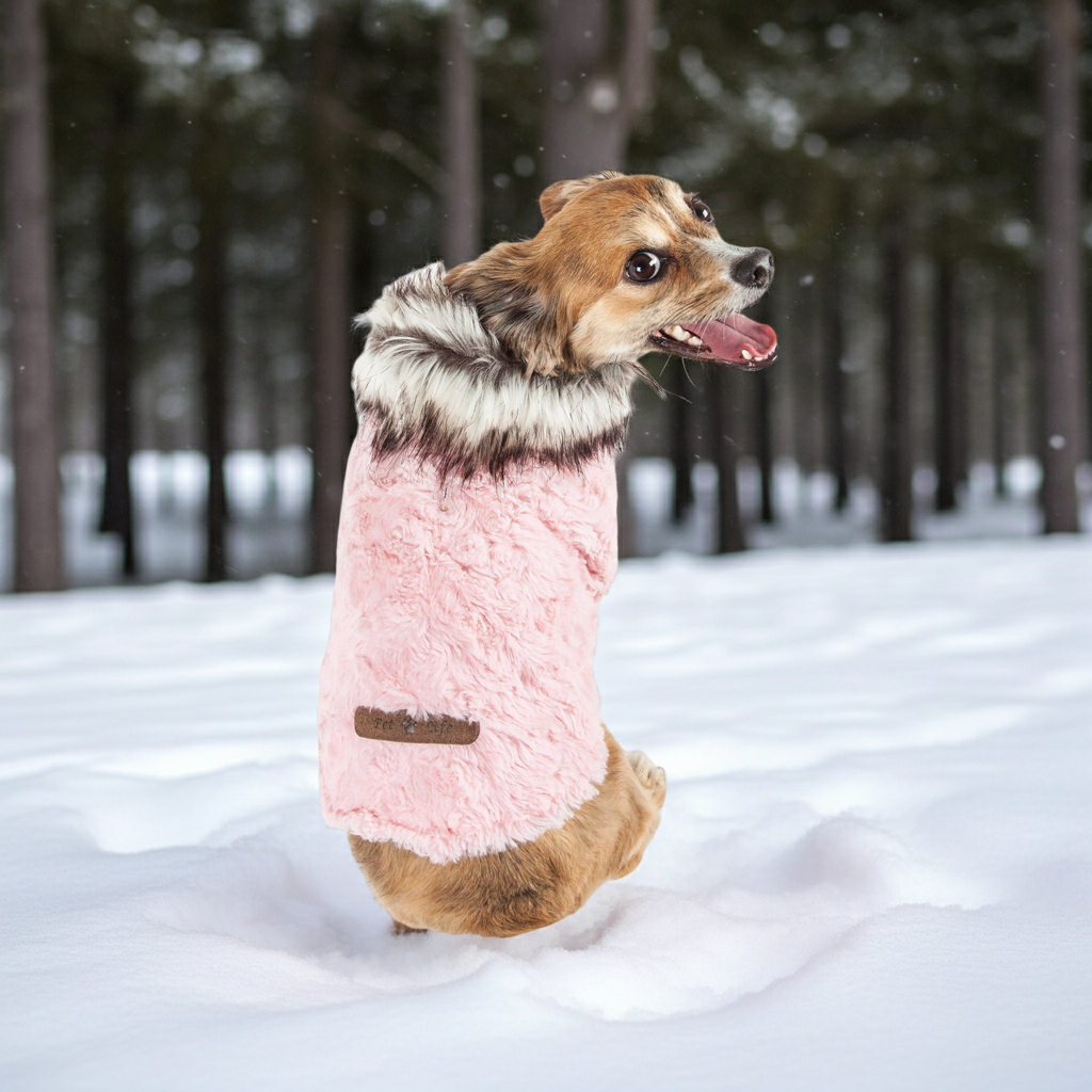 Pink plush dog coat with gray-white fur collar and short front opening
