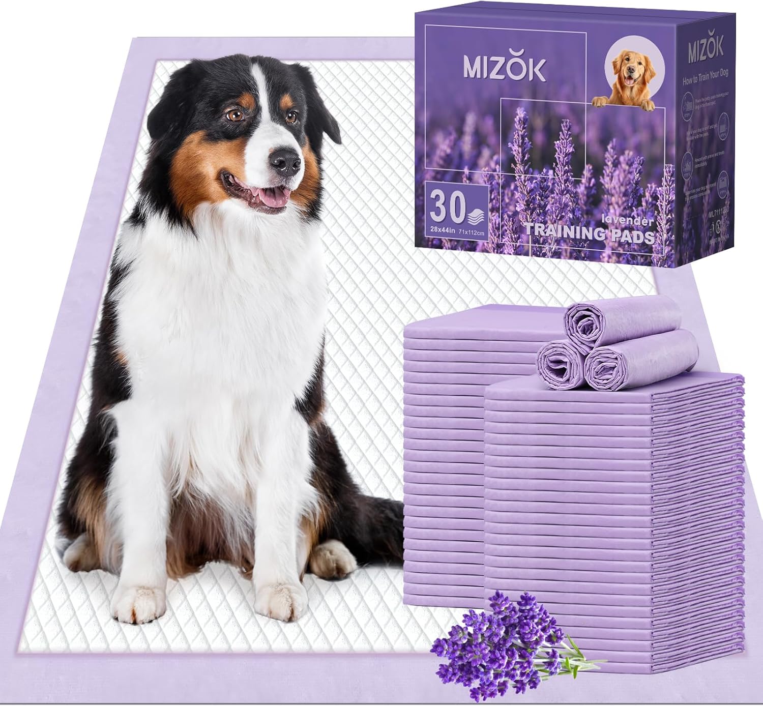 Lavender scented dog training pee pads with a dog sitting beside the stack