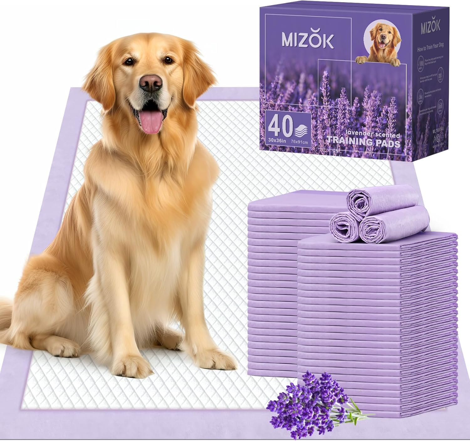 Lavender leak-proof dog training pee pads, stacked and rolled