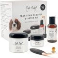 Eye tear stain remover starter kit with powder jar, solution bottle, applicator pads and brush