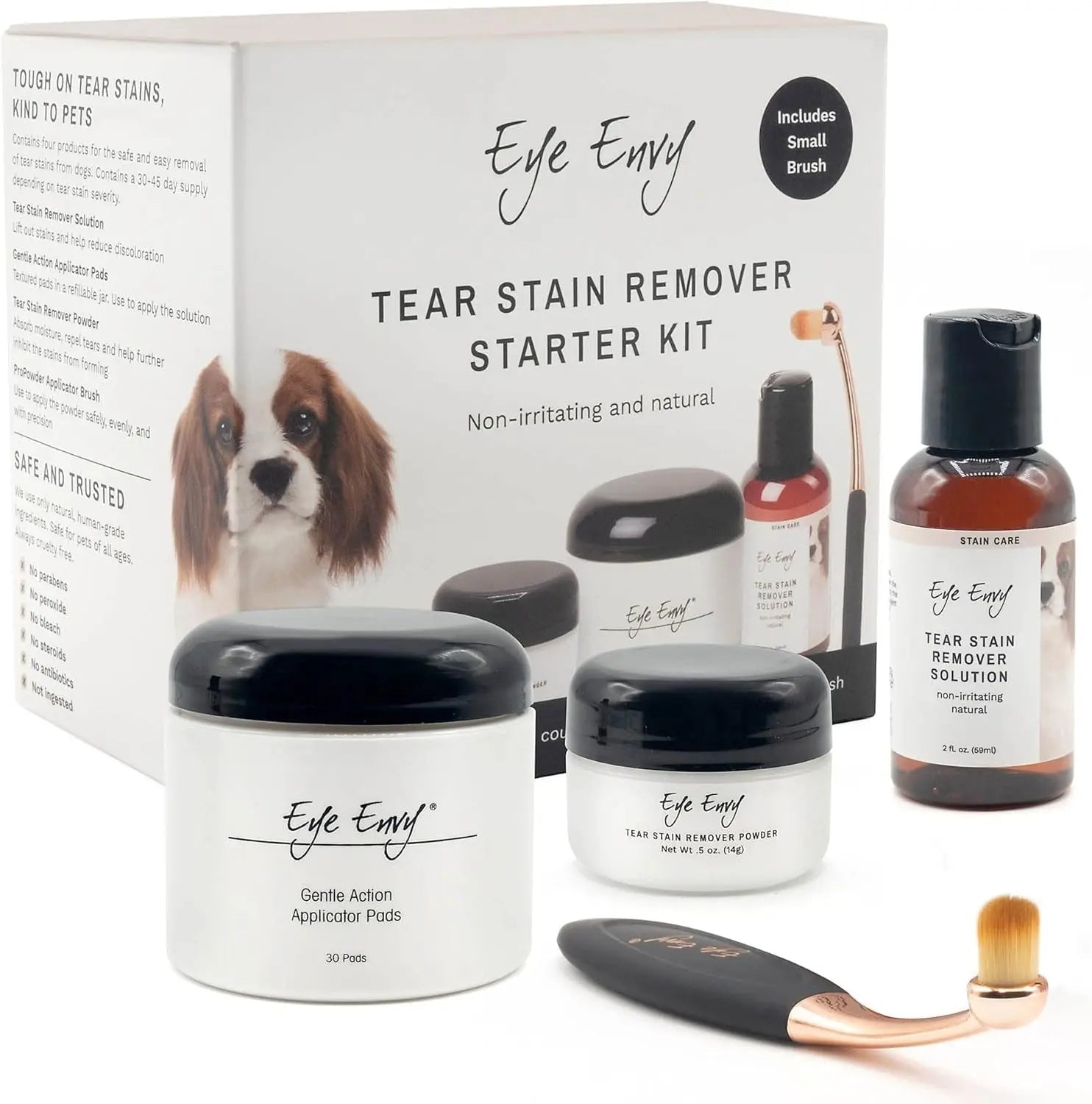 Eye tear stain remover starter kit with powder jar, solution bottle, applicator pads and brush