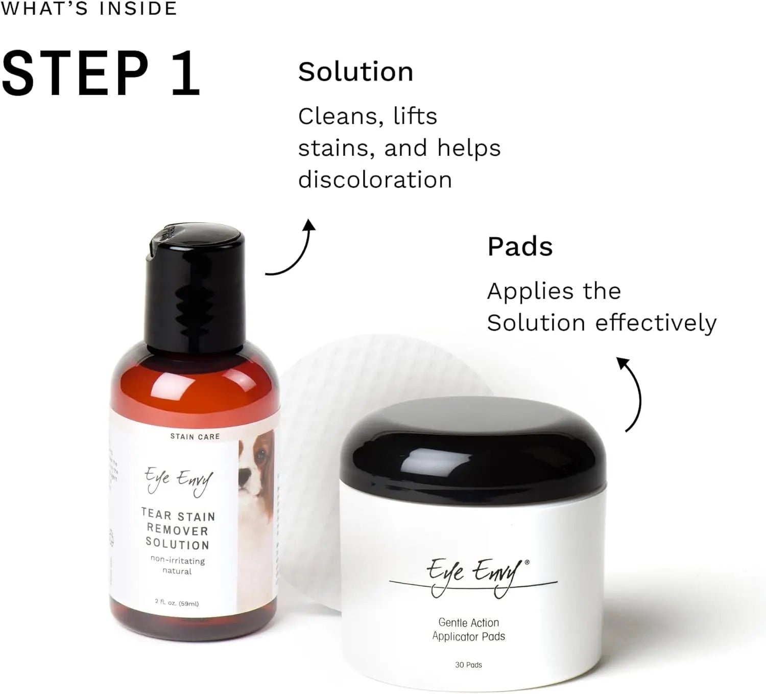 Tear stain remover kit components: solution bottle and applicator pad jar