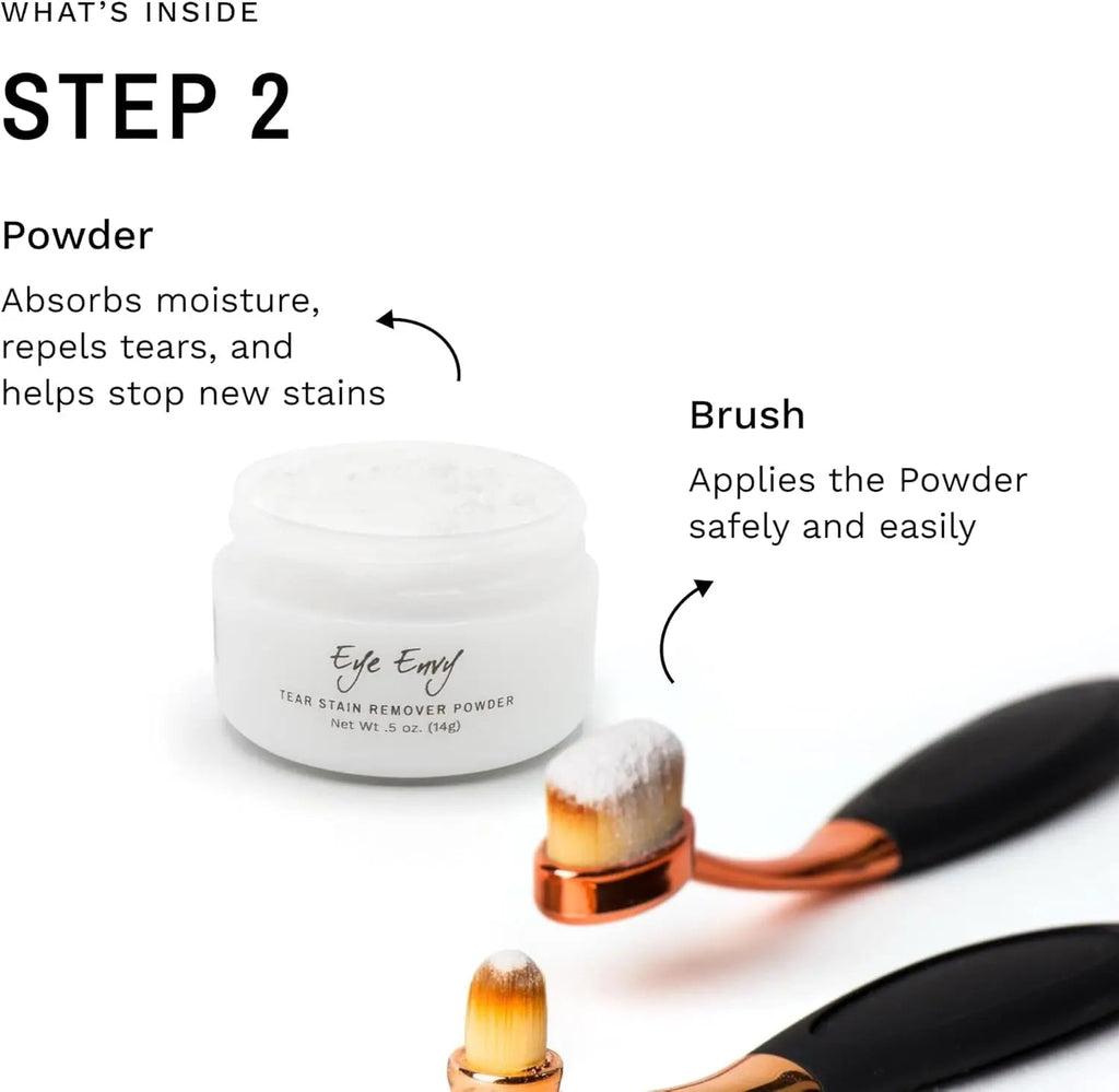 Tear stain remover powder jar and application brush for applying powder