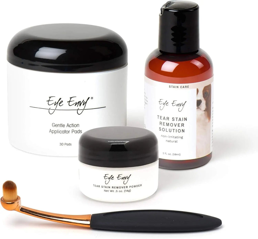 Tear stain remover kit set: applicator pads jar, powder jar, solution bottle, and brush