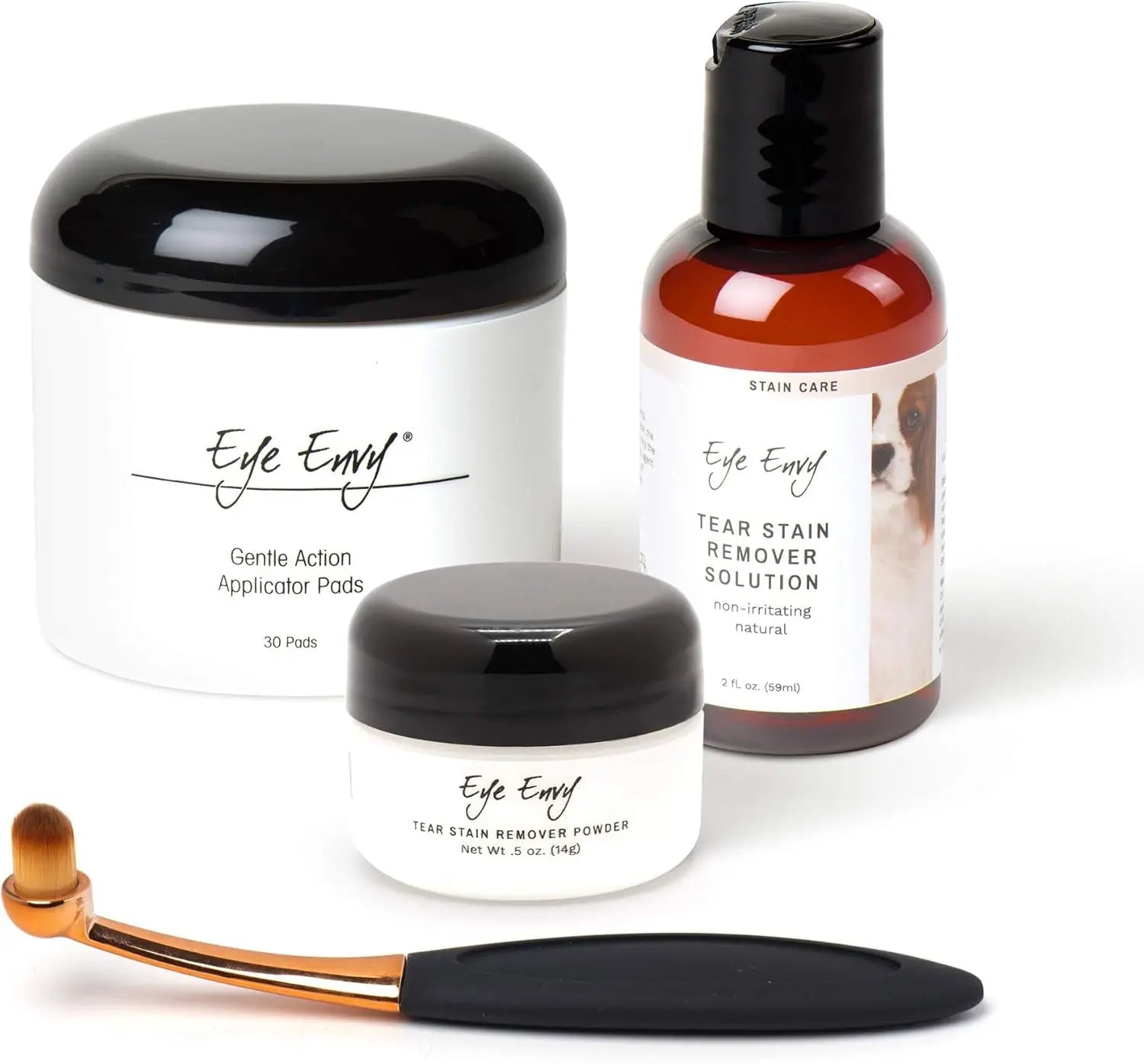 Tear stain remover kit set: applicator pads jar, powder jar, solution bottle, and brush