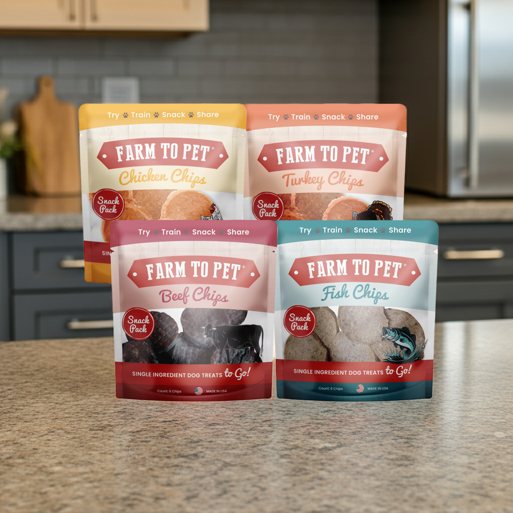 Dog treat sampler with four Farm to Pet chip bags: chicken, turkey, beef, fish