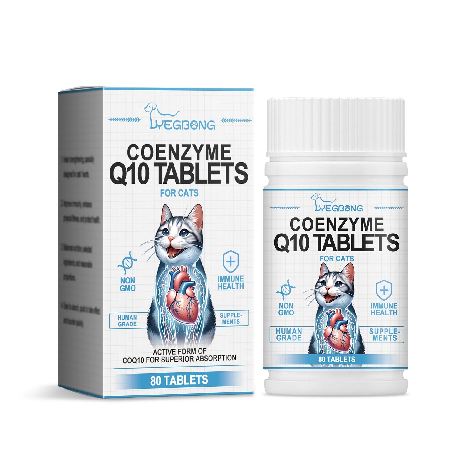 Coenzyme Q10 tablets for cats box and bottle set, white and blue label