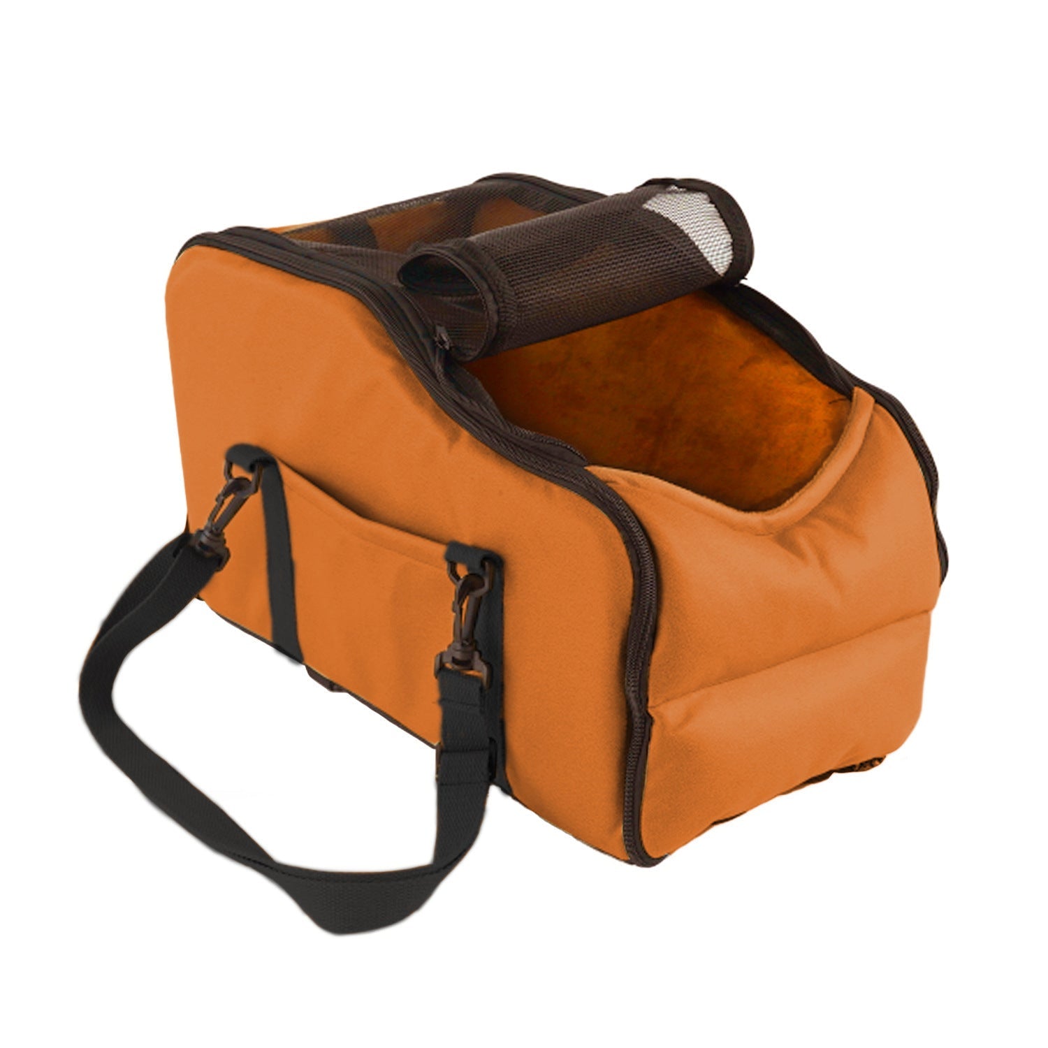 Portable pet car bed with orange cushion, zip carry bag and shoulder strap
