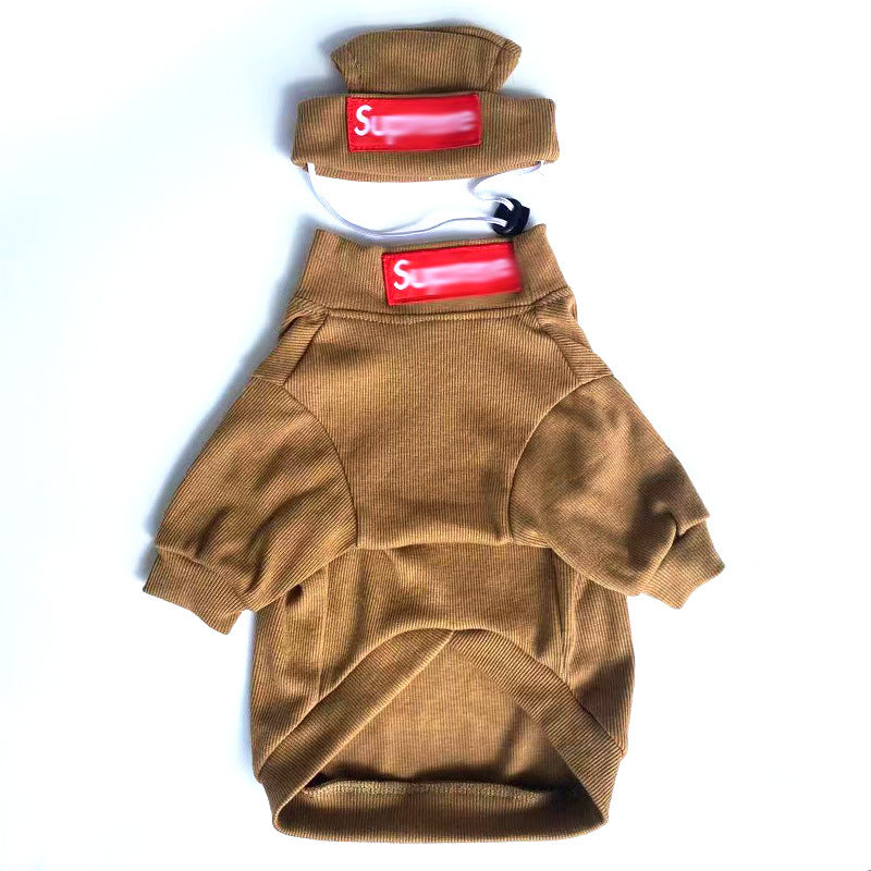 Khaki-brown dog outfit and knit hat set with red logo patches