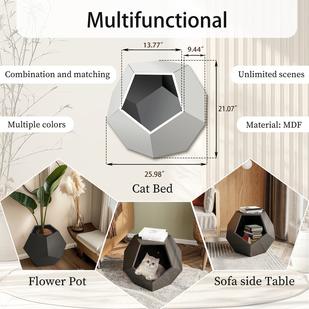 Multifunctional hexagon cat bed size diagram with MDF material and dimensions