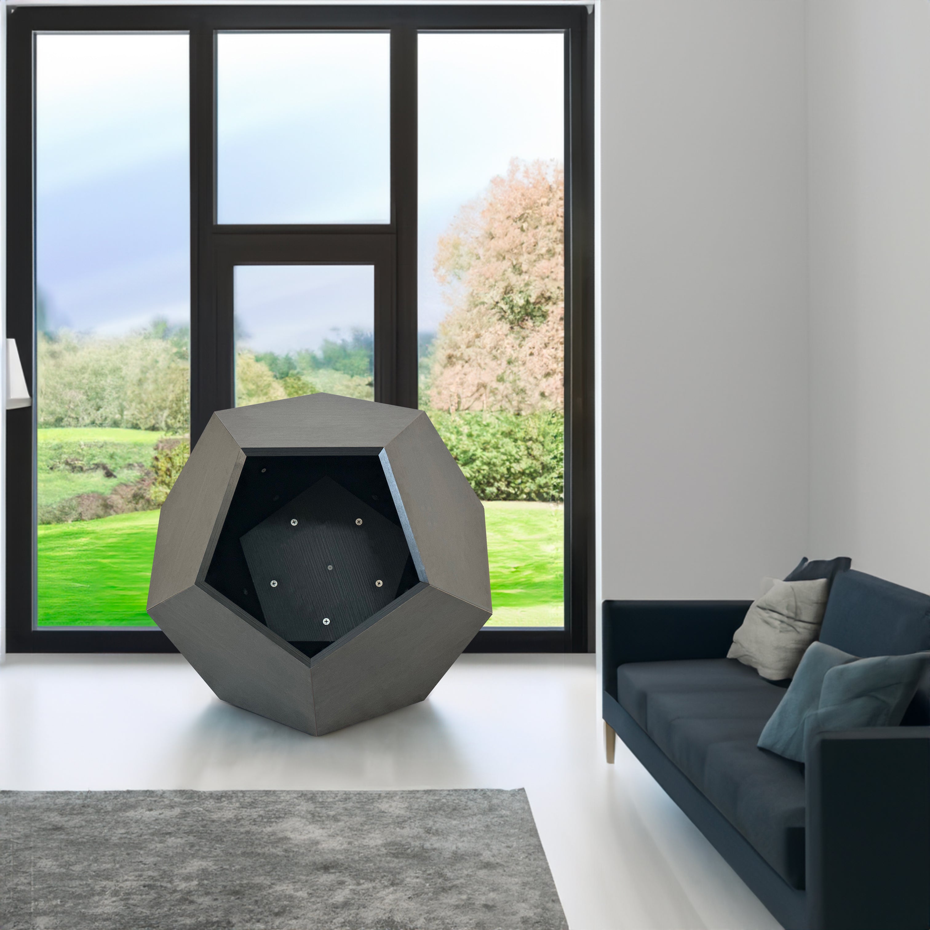 Modern hexagon cat litter box furniture, dark gray MDF with front entry opening