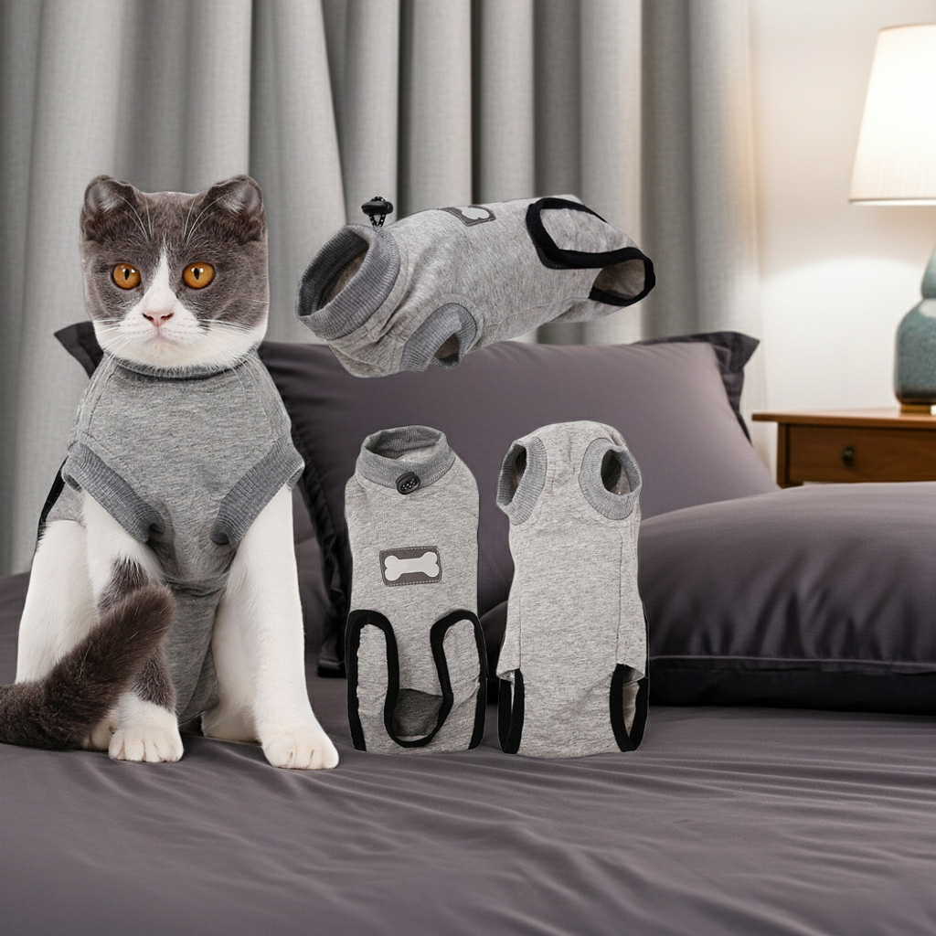 Gray pet recovery suit with hood and front opening, worn on cat