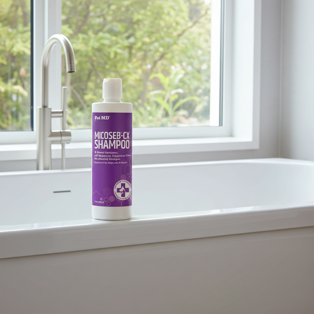 Pet MD Micoseb-CX medicated shampoo bottle on a bathroom sink