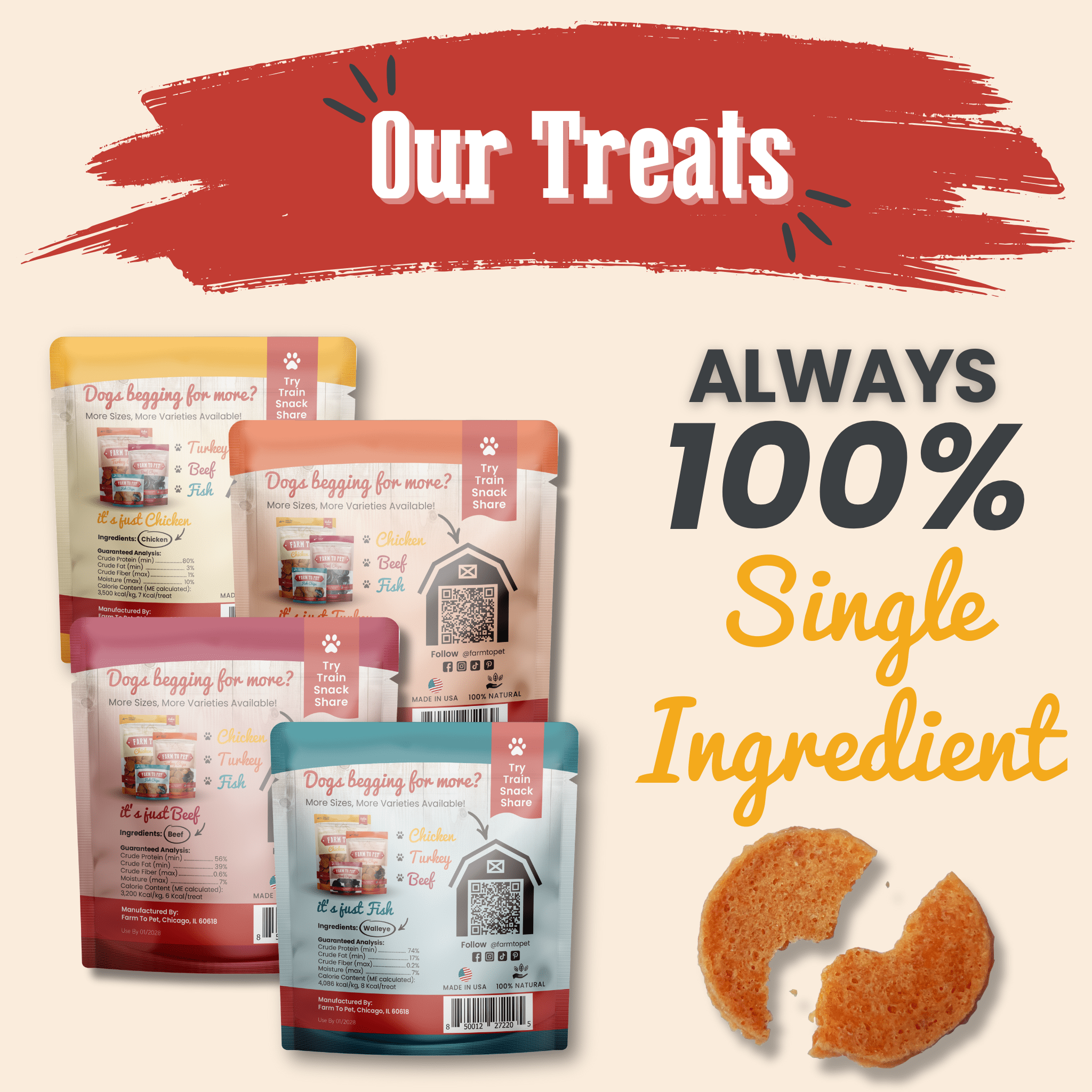 Dog treat sampler assortment with sealed chip bags and a few single chip pieces.