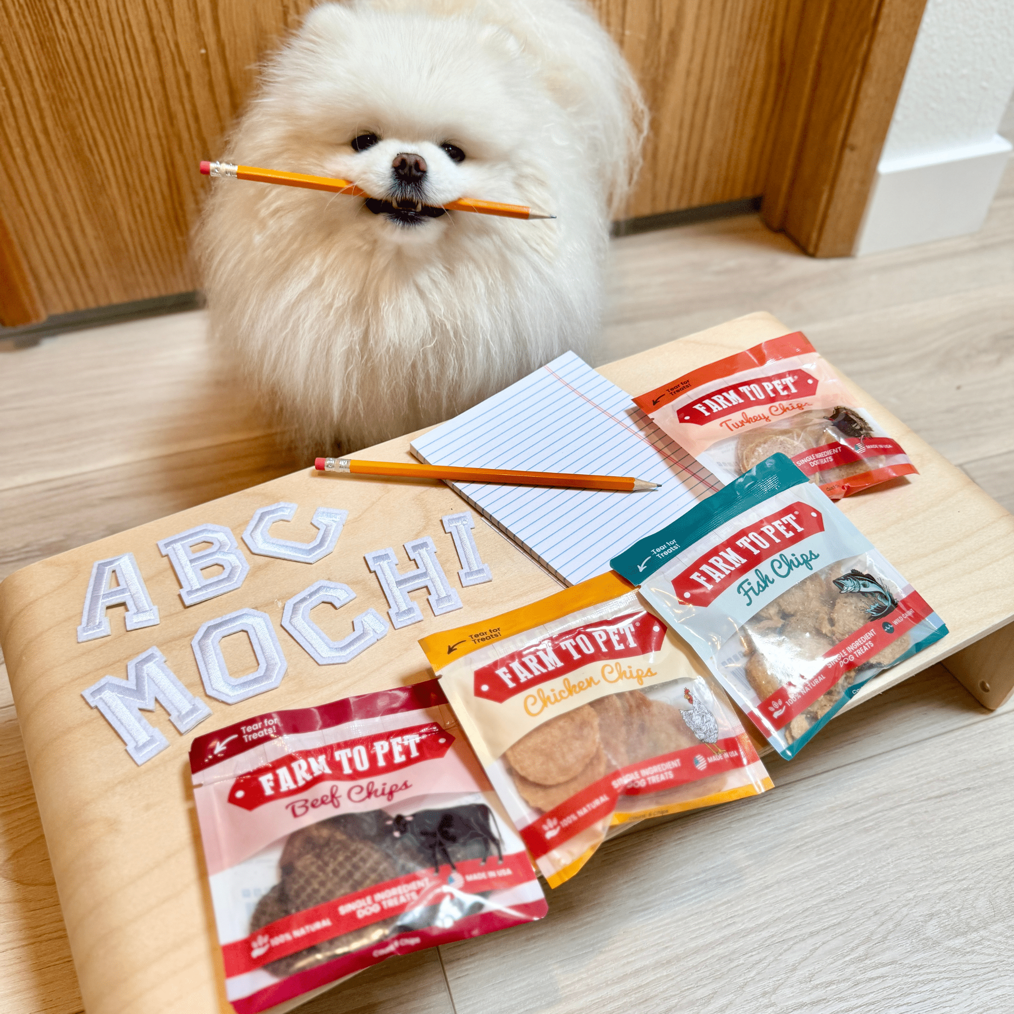 Dog treat sampler with chicken, beef, and fish chip bags on a wooden board.