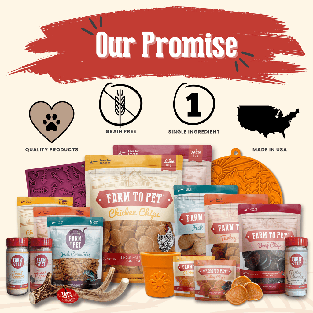 Promotional graphic showing chicken chip dog treats and other assorted bagged treats