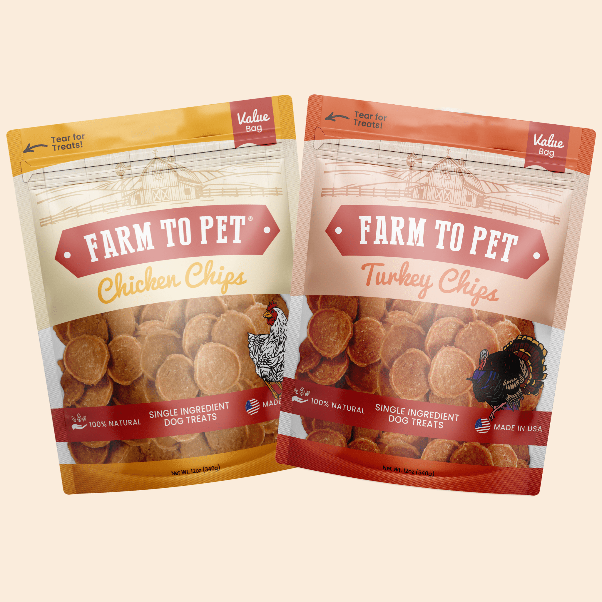Chicken and turkey dog treat duo bags with chip pieces visible through the front windows