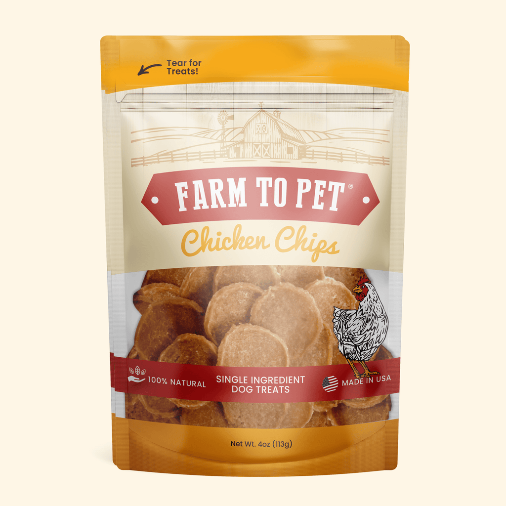 Chicken chips dog treat bag with assorted round chicken chip pieces in a clear window