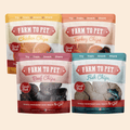 Dog treat sampler with four sealed chip bags: chicken, turkey, beef, and fish.